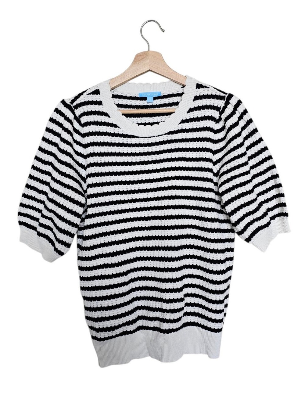 Draper James Black & White Striped Short Sleeve Crewneck Sweater Large